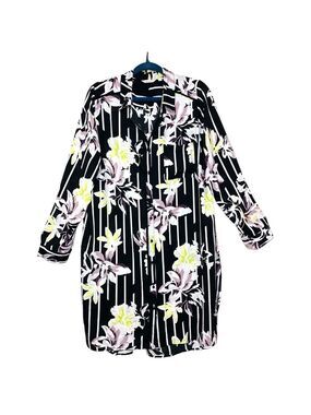 Black Floral Button-Up Tunic Blouse White Stripes XXL Long Tab Sleeve Side Slits